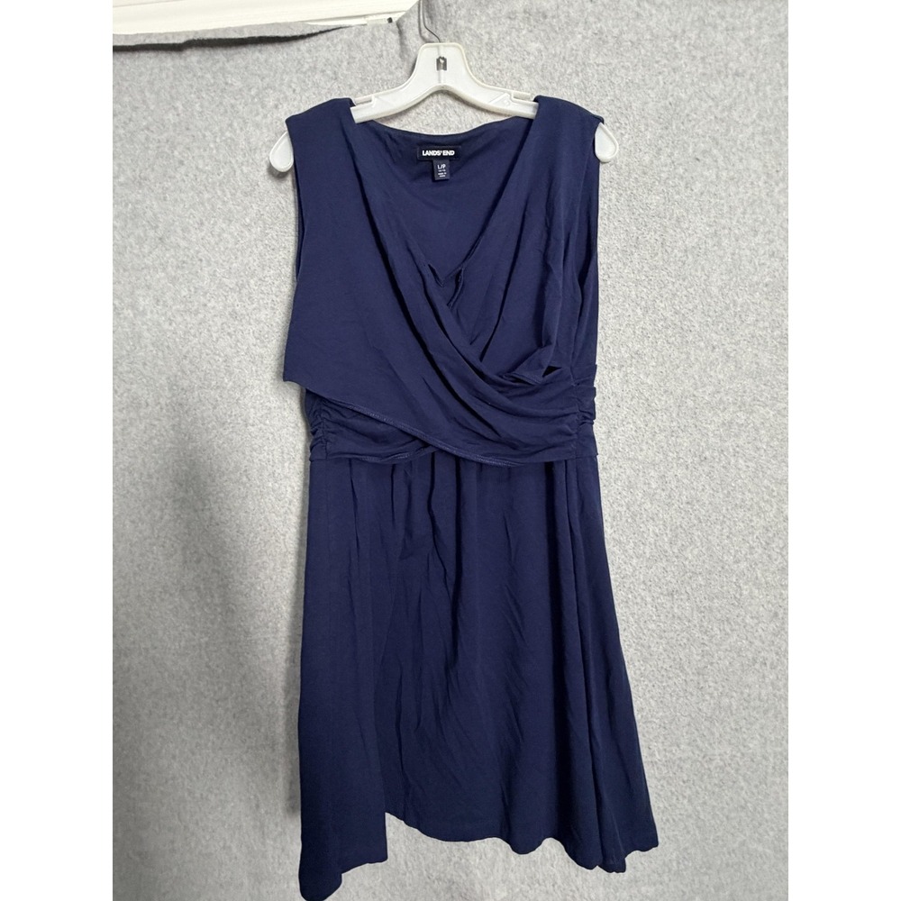 Lands' End Dress Girls 14-16 Blue Ruched V Neck Fit & Flare Knit Knee Length